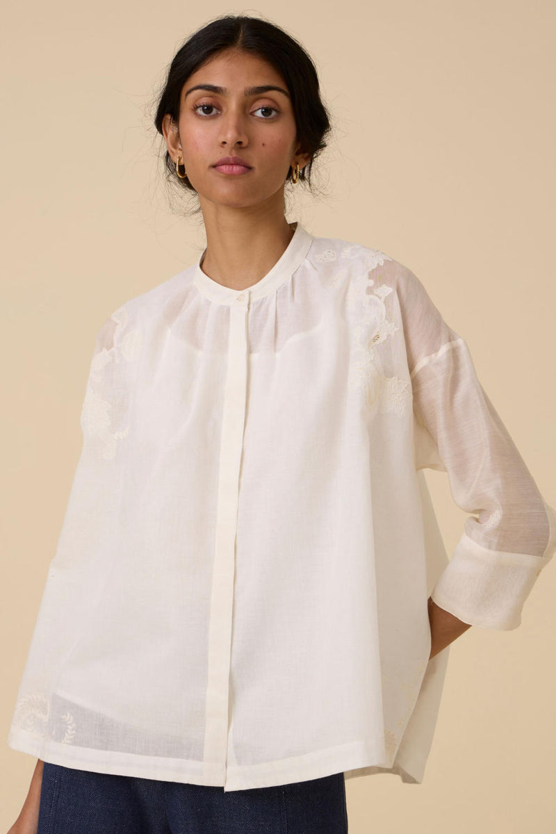 Raha Embroidered Handwoven Top chanderi by The Summer House in white color for women in Singapore