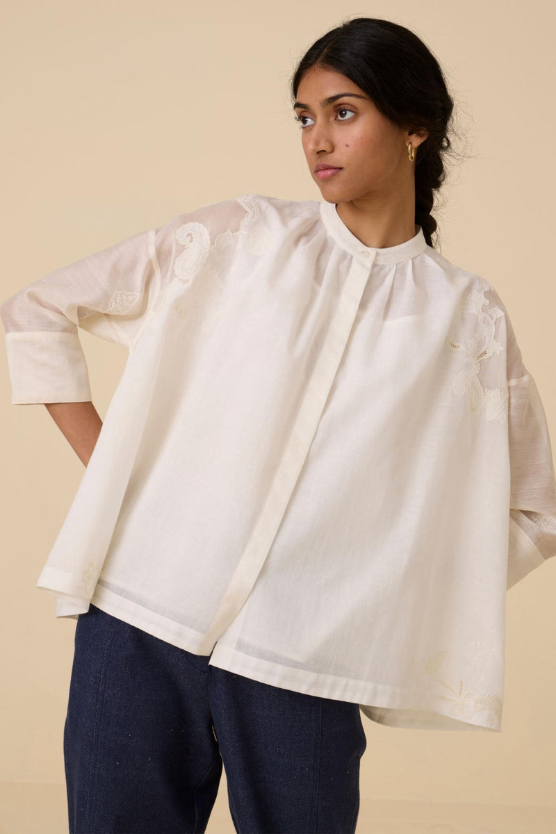 Raha Embroidered Handwoven Top chanderi by The Summer House in white color for women in Singapore