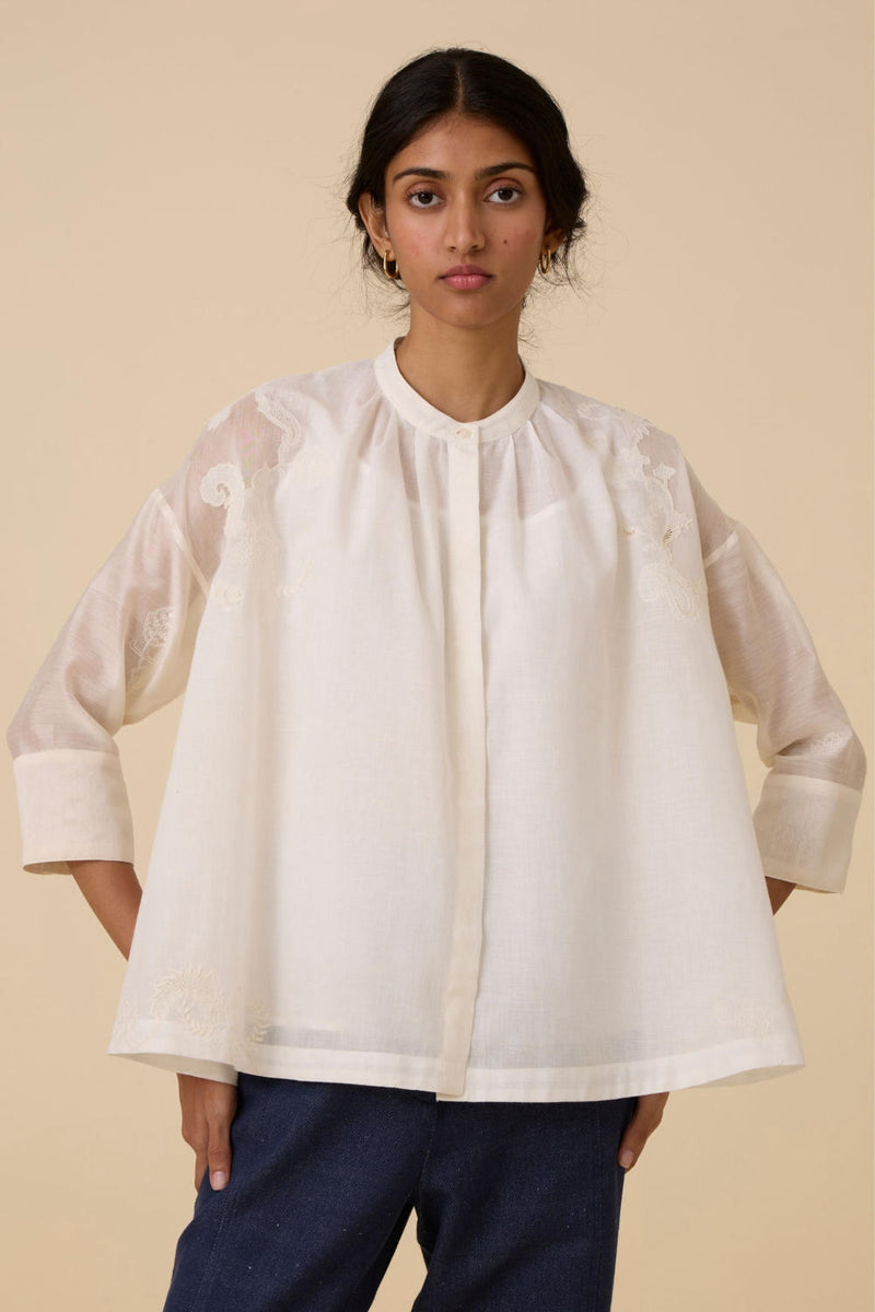 Raha Embroidered Handwoven Top chanderi by The Summer House in white color for women in Singapore