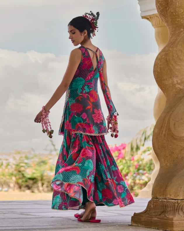 GUL TEAL FLORAL CREPE GHARARA SET by Rajiramniq for women in Singapore