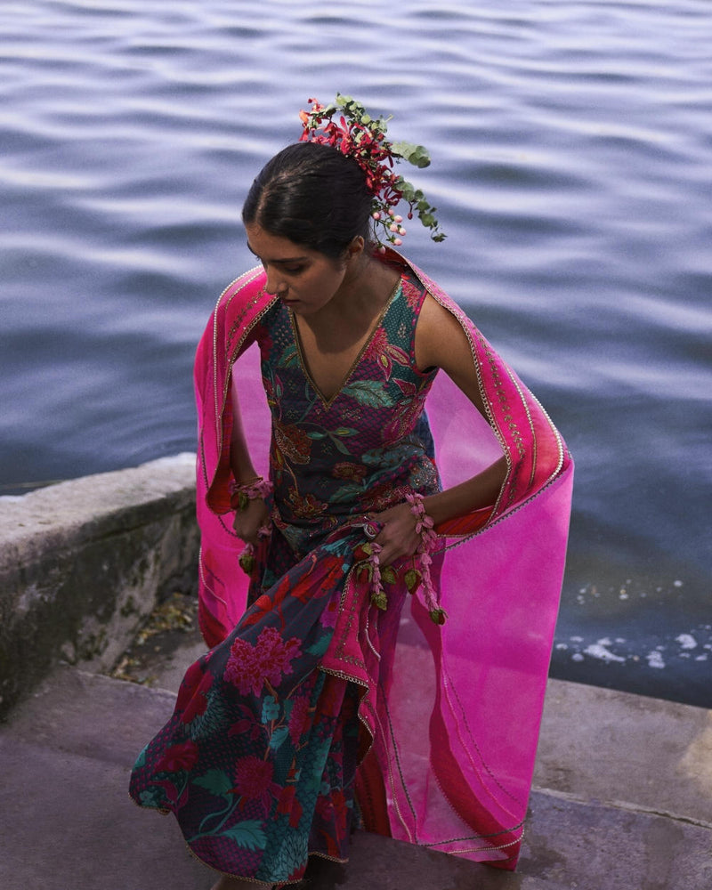GUL TEAL FLORAL CREPE GHARARA SET by Rajiramniq for women in Singapore
