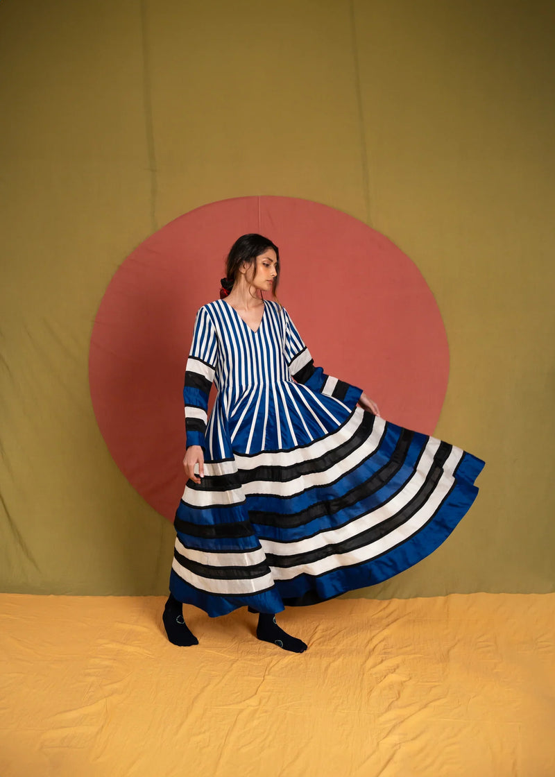 Rango Dress-Black Blue and White chanderi dress by Ka-Sha in blue for women in Singapore