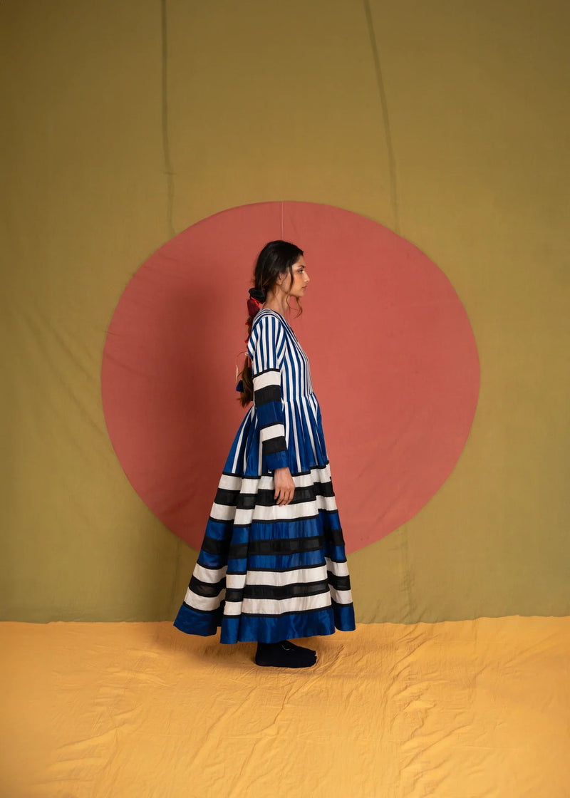 Rango Dress-Black Blue and White chanderi dress by Ka-Sha in blue for women in Singapore