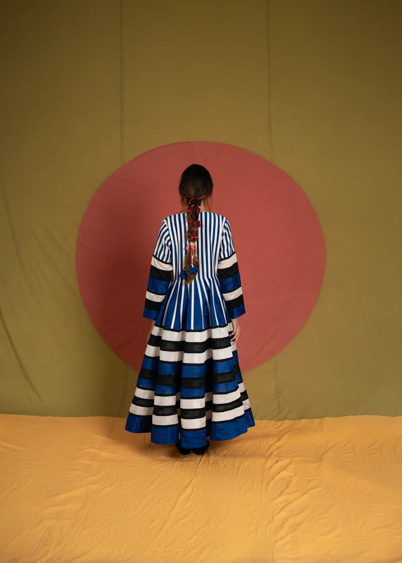 Rango Dress-Black Blue and White chanderi dress by Ka-Sha in blue for women in Singapore