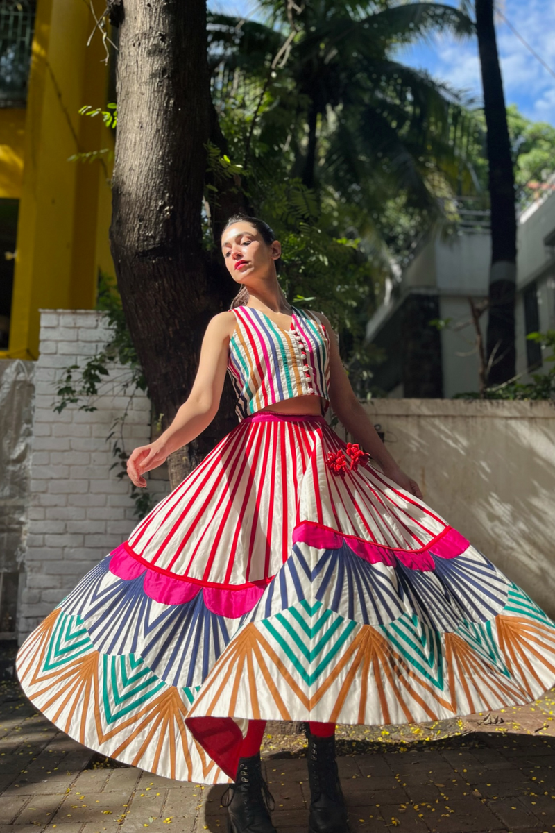 Rangoli Gulab Skirt + Rangoli Laal Top chanderi by Ka-Sha in multi color for women in Singapore