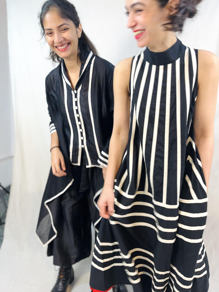 Rangoli Dress - B&W cotton by Ka-Sha in black color for women in Singapore