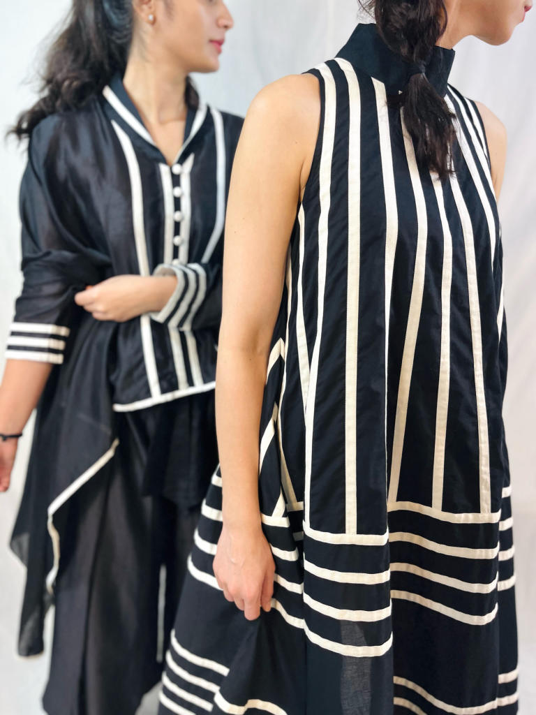 Rangoli Dress - B&W cotton by Ka-Sha in black color for women in Singapore