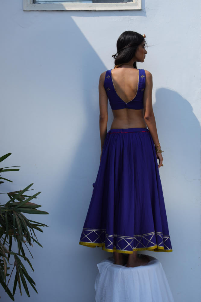 Raqs ghagra set cotton Lehenga Sets by Khara Kapas in blue for women in Singapore