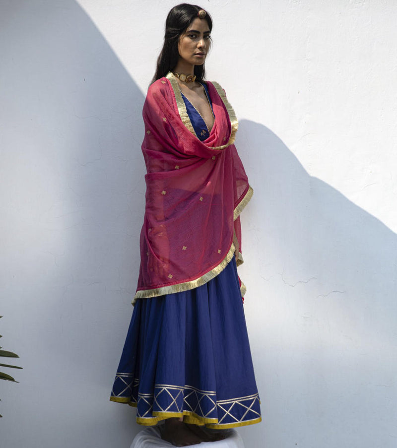 Raqs ghagra set cotton Lehenga Sets by Khara Kapas in blue for women in Singapore