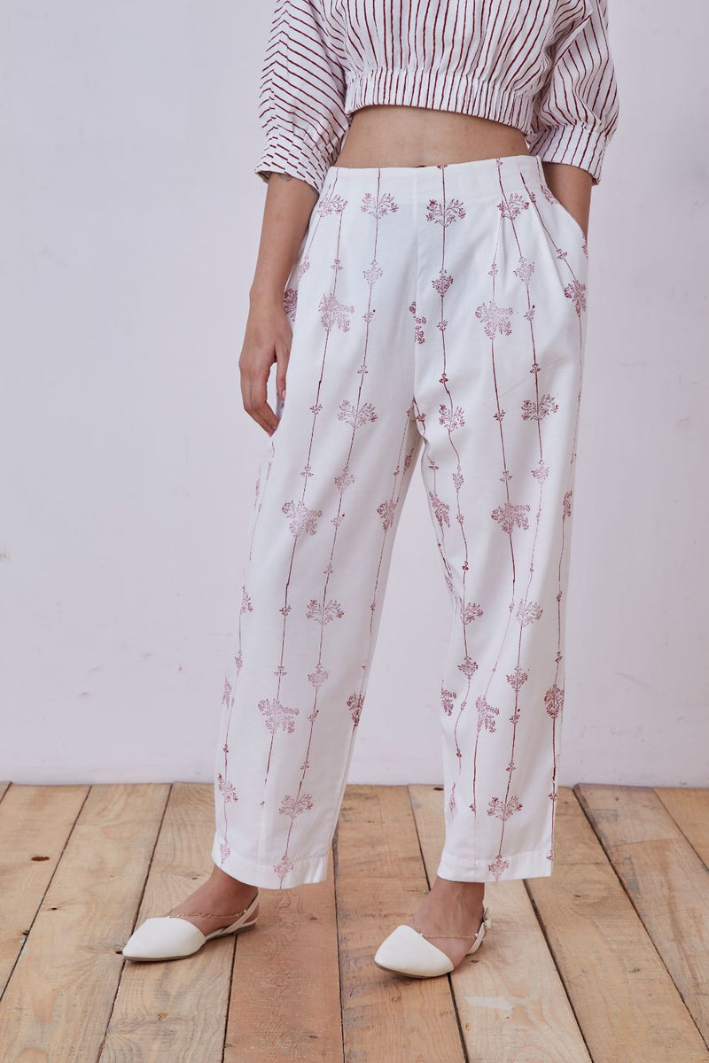 Ratan Red Hand Printed Pant cotton cambric pant/trouser by The Summer House for women in Singapore