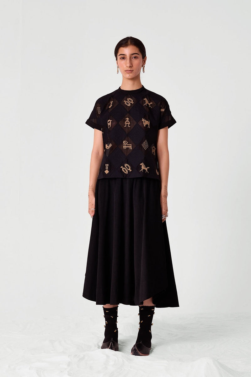 Rayya Black Handwoven Embroidered Top