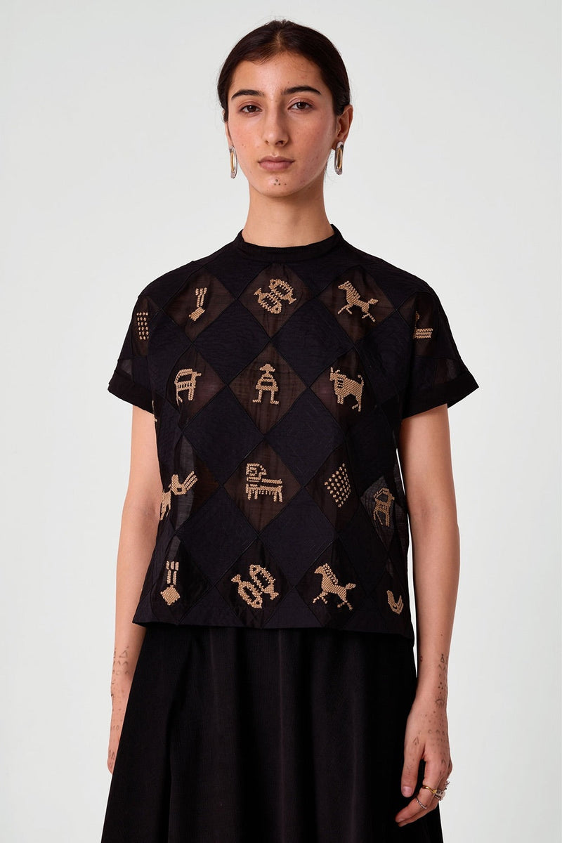 Rayya Black Handwoven Embroidered Top