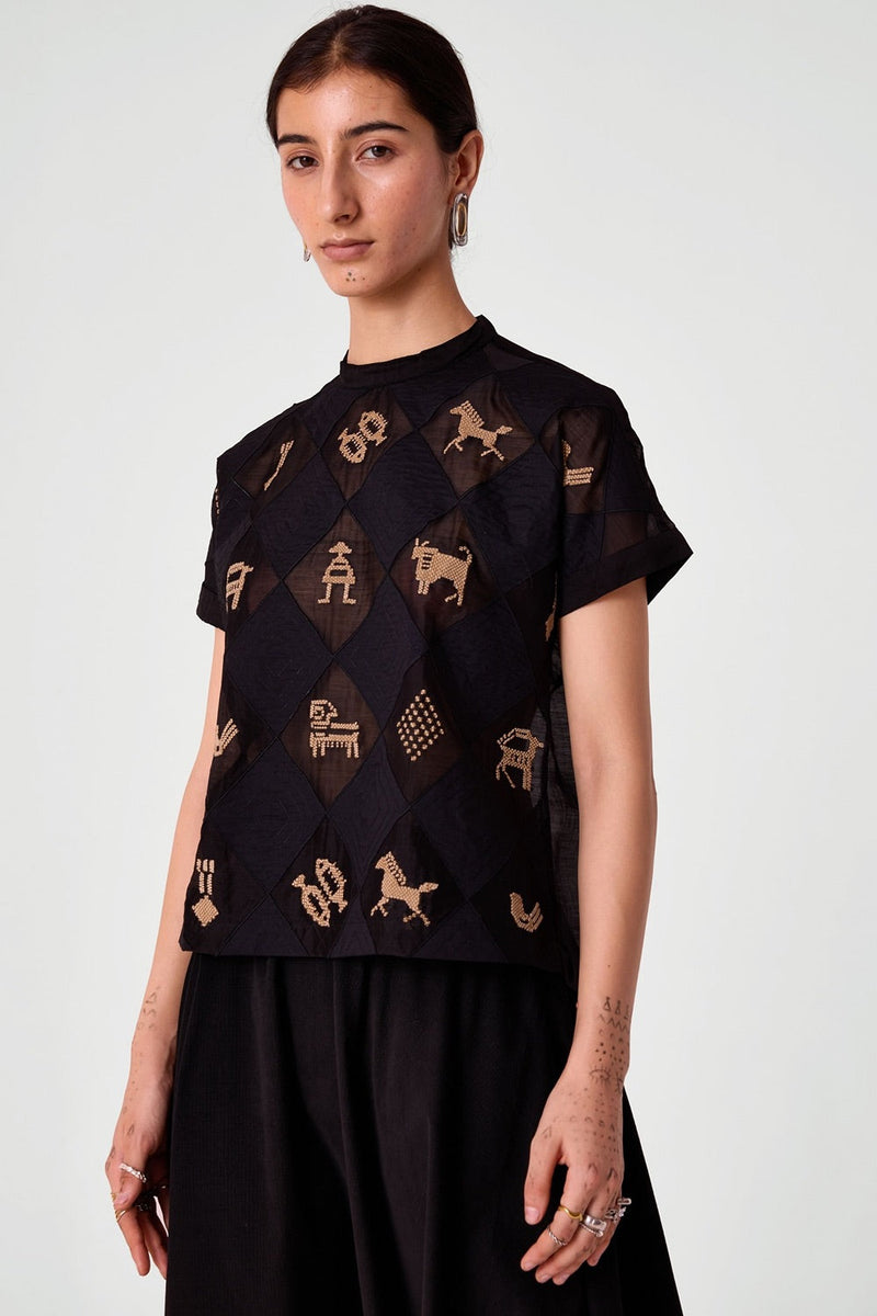 Rayya Black Handwoven Embroidered Top