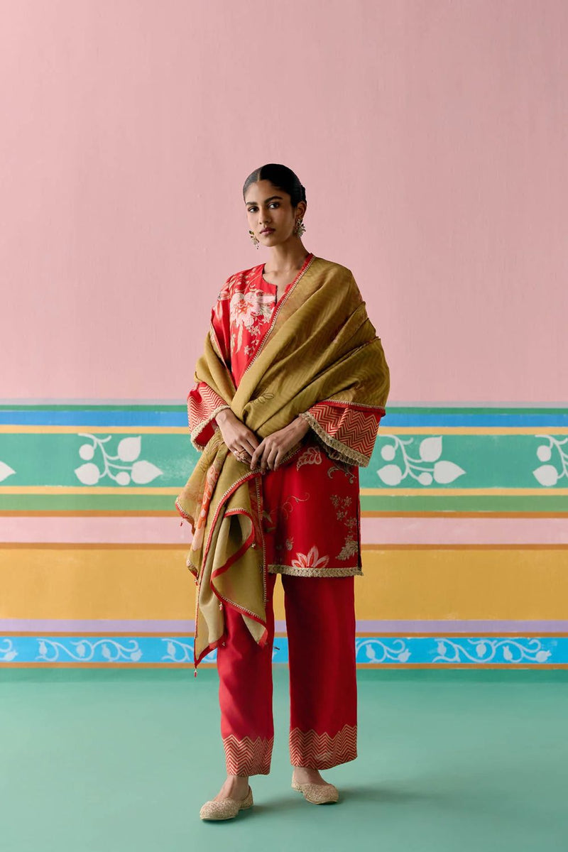 Red Chintz Kurta Set chanderi Buy Red Chintz Kurta Set from C&W | Light Kurta Sets for Women by Label Mogra in red color for women in Singapore