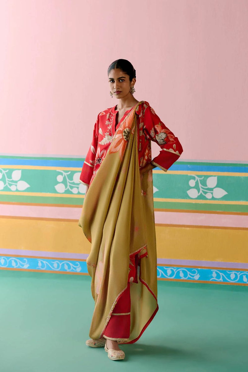 Red Chintz V-neck Kurta Set chanderi Buy Red Chintz V-neck Kurta Set from C&W | Light Kurta Sets for Women by Label Mogra in red color for women in Singapore