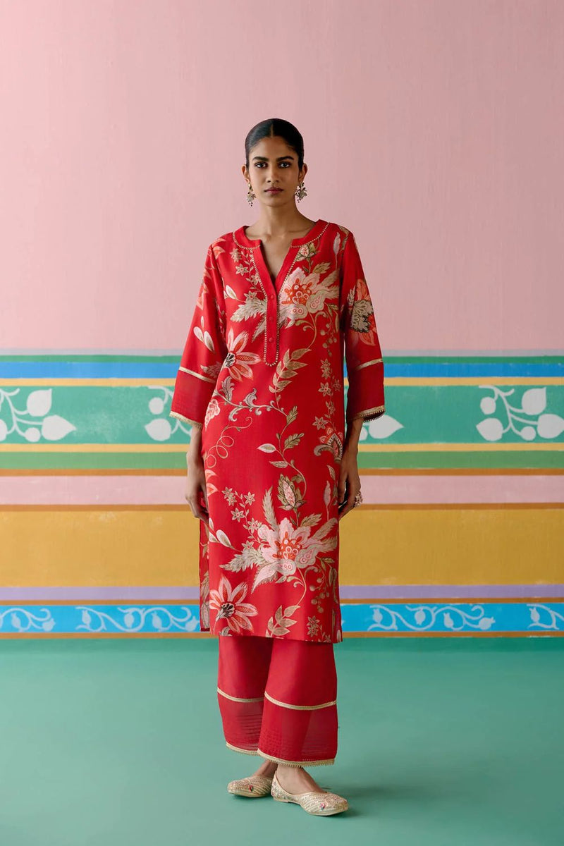 Red Chintz V-neck Kurta Set chanderi Buy Red Chintz V-neck Kurta Set from C&W | Light Kurta Sets for Women by Label Mogra in red color for women in Singapore