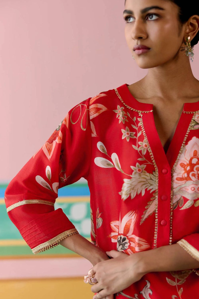 Red Chintz V-neck Kurta Set chanderi Buy Red Chintz V-neck Kurta Set from C&W | Light Kurta Sets for Women by Label Mogra in red color for women in Singapore