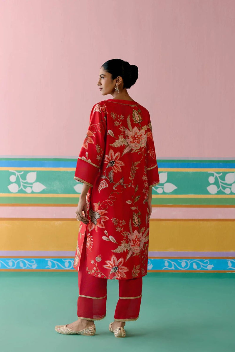 Red Chintz V-neck Kurta Set chanderi Buy Red Chintz V-neck Kurta Set from C&W | Light Kurta Sets for Women by Label Mogra in red color for women in Singapore