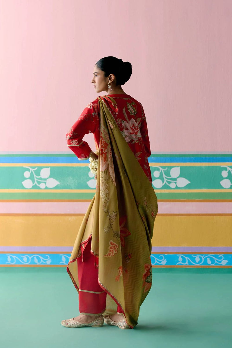 Red Chintz V-neck Kurta Set chanderi Buy Red Chintz V-neck Kurta Set from C&W | Light Kurta Sets for Women by Label Mogra in red color for women in Singapore