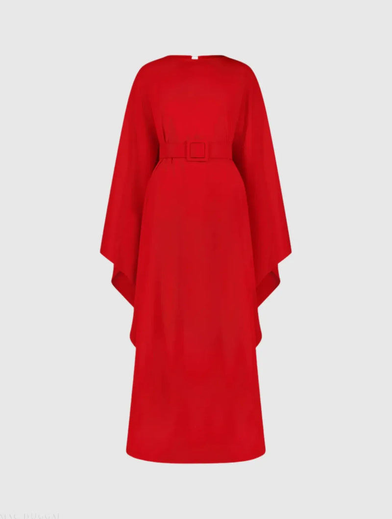 Red Crepe Boat Neck Kaftan Maxi Dress With Belt by Mac Duggal in red color for women in Singapore