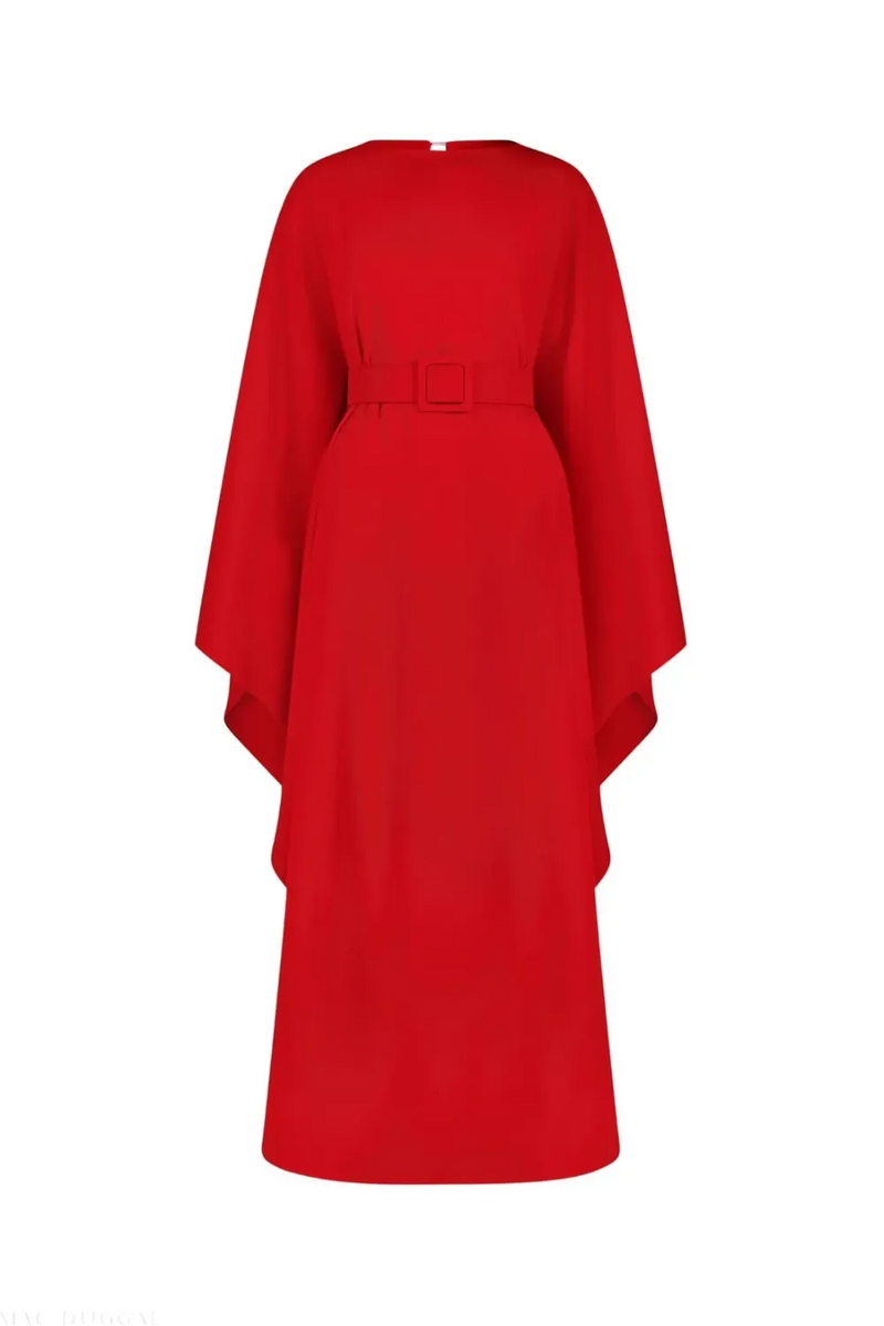 Red Crepe Boat Neck Kaftan Maxi Dress With Belt by Mac Duggal in red color for women in Singapore