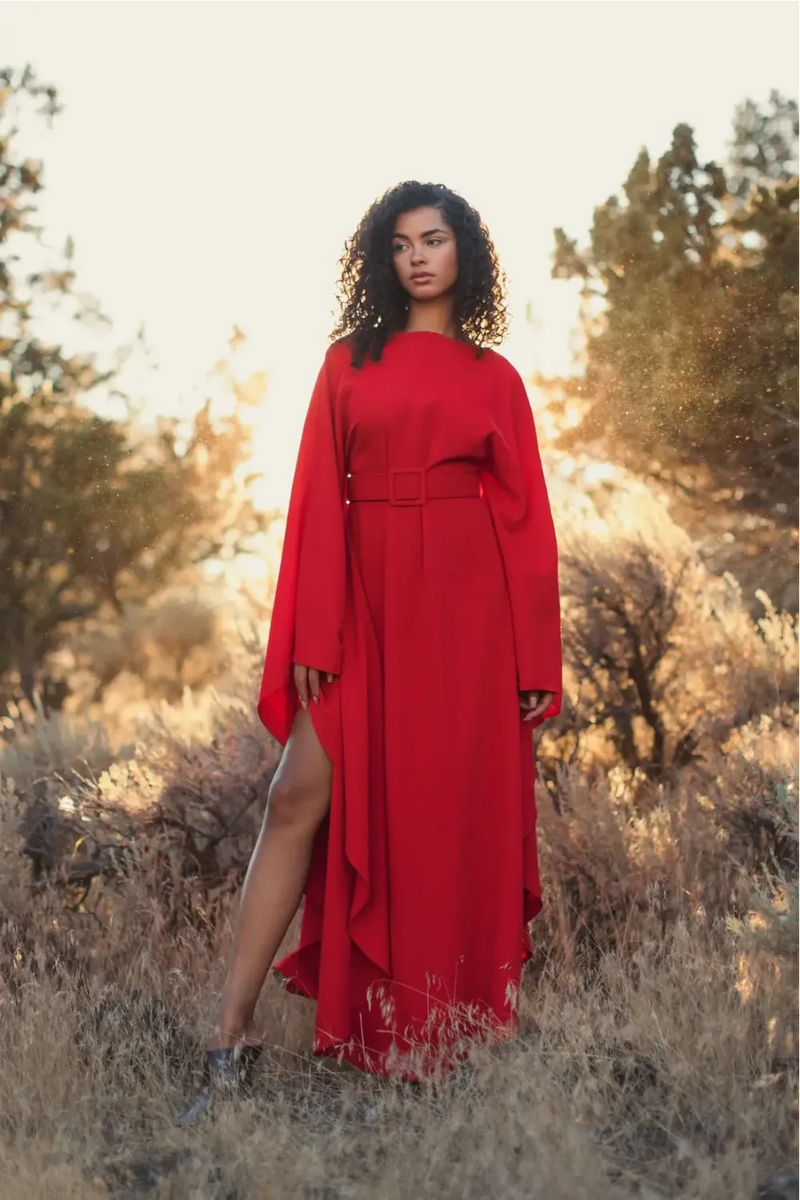 Red Crepe Boat Neck Kaftan Maxi Dress With Belt by Mac Duggal in red color for women in Singapore