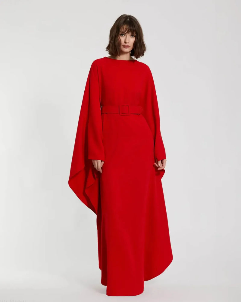 Red Crepe Boat Neck Kaftan Maxi Dress With Belt by Mac Duggal in red color for women in Singapore