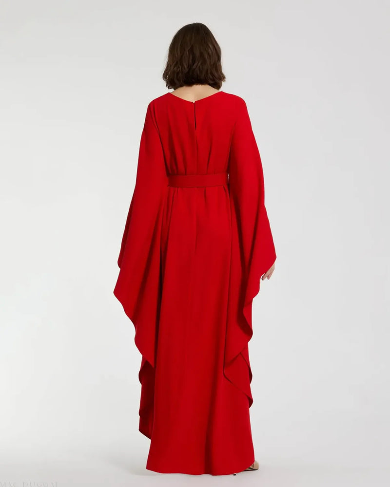 Red Crepe Boat Neck Kaftan Maxi Dress With Belt by Mac Duggal in red color for women in Singapore