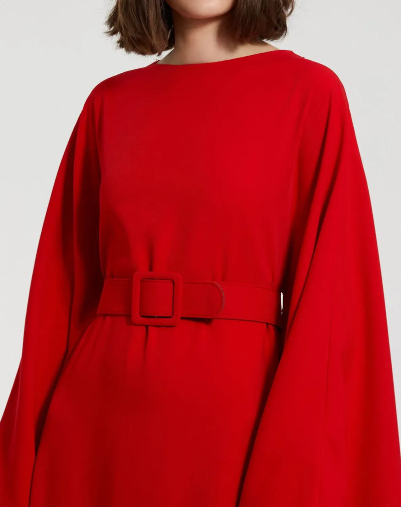 Red Crepe Boat Neck Kaftan Maxi Dress With Belt by Mac Duggal in red color for women in Singapore