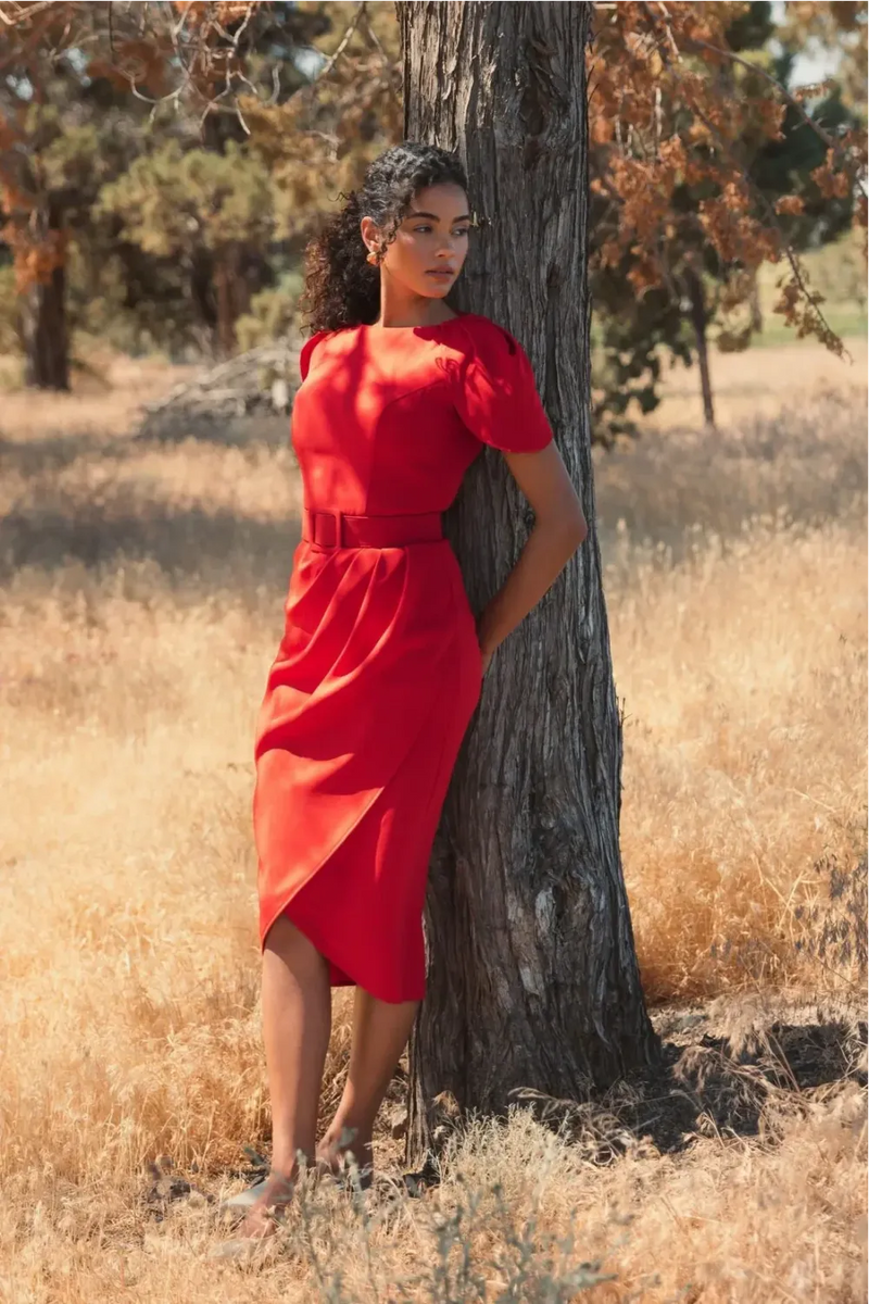 Red Crepe Boat Neck Midi Tulip Dress With Belt by Mac Duggal in red color for women in Singapore