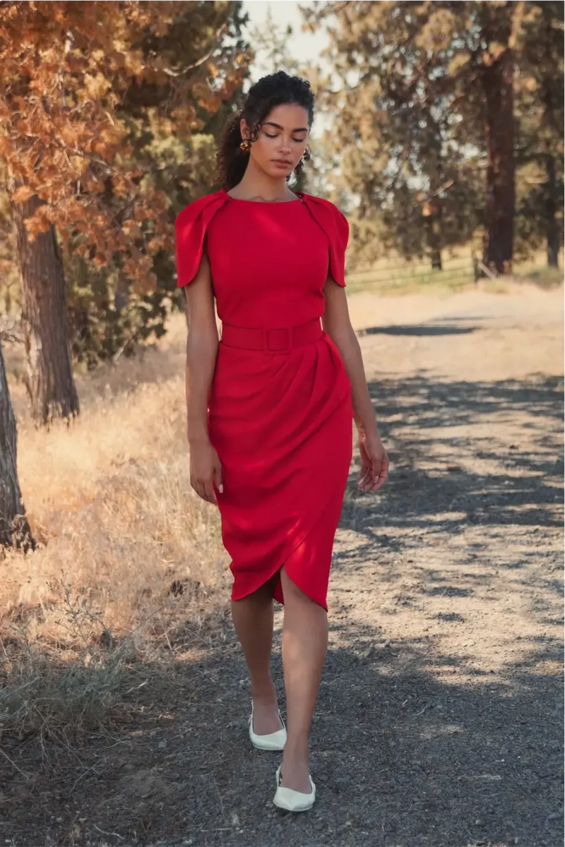 Red Crepe Boat Neck Midi Tulip Dress With Belt by Mac Duggal in red color for women in Singapore