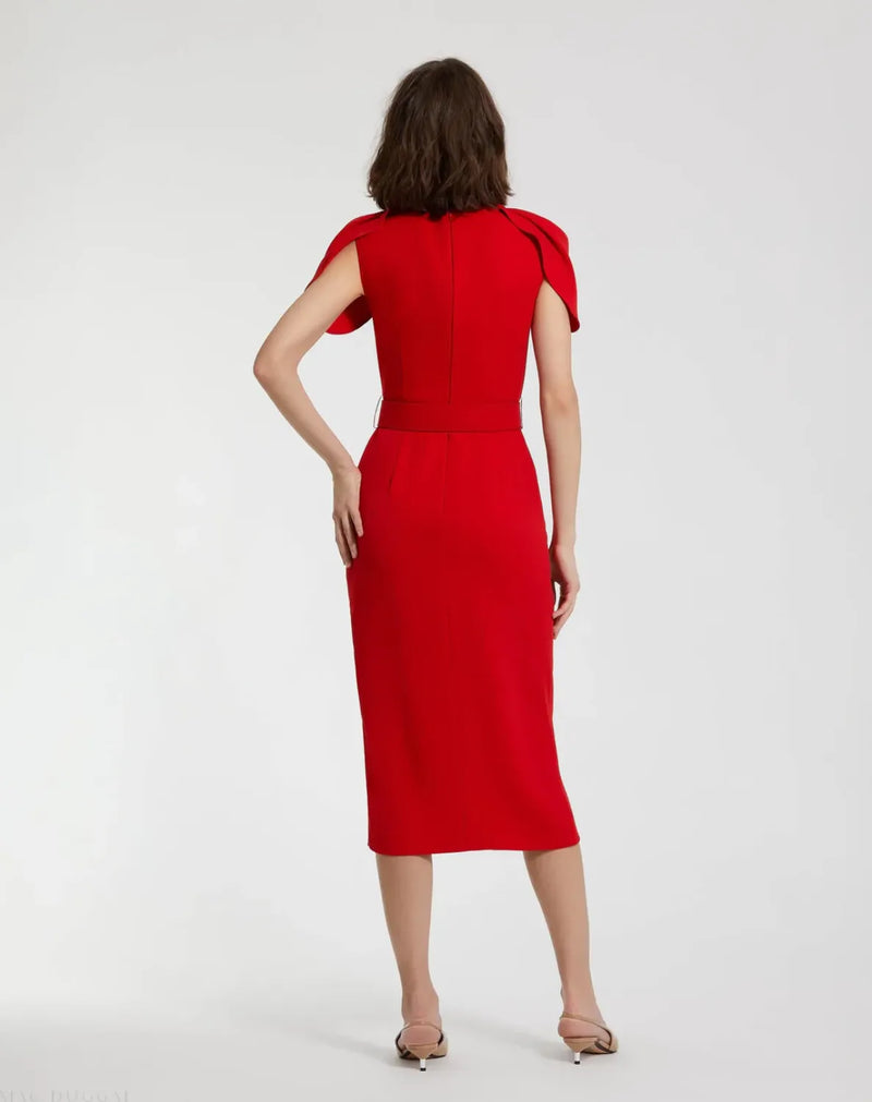 Red Crepe Boat Neck Midi Tulip Dress With Belt by Mac Duggal in red color for women in Singapore