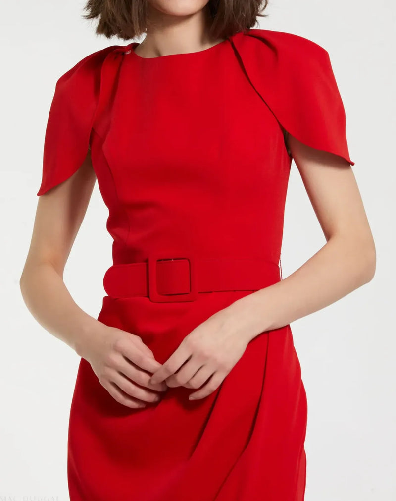 Red Crepe Boat Neck Midi Tulip Dress With Belt by Mac Duggal in red color for women in Singapore