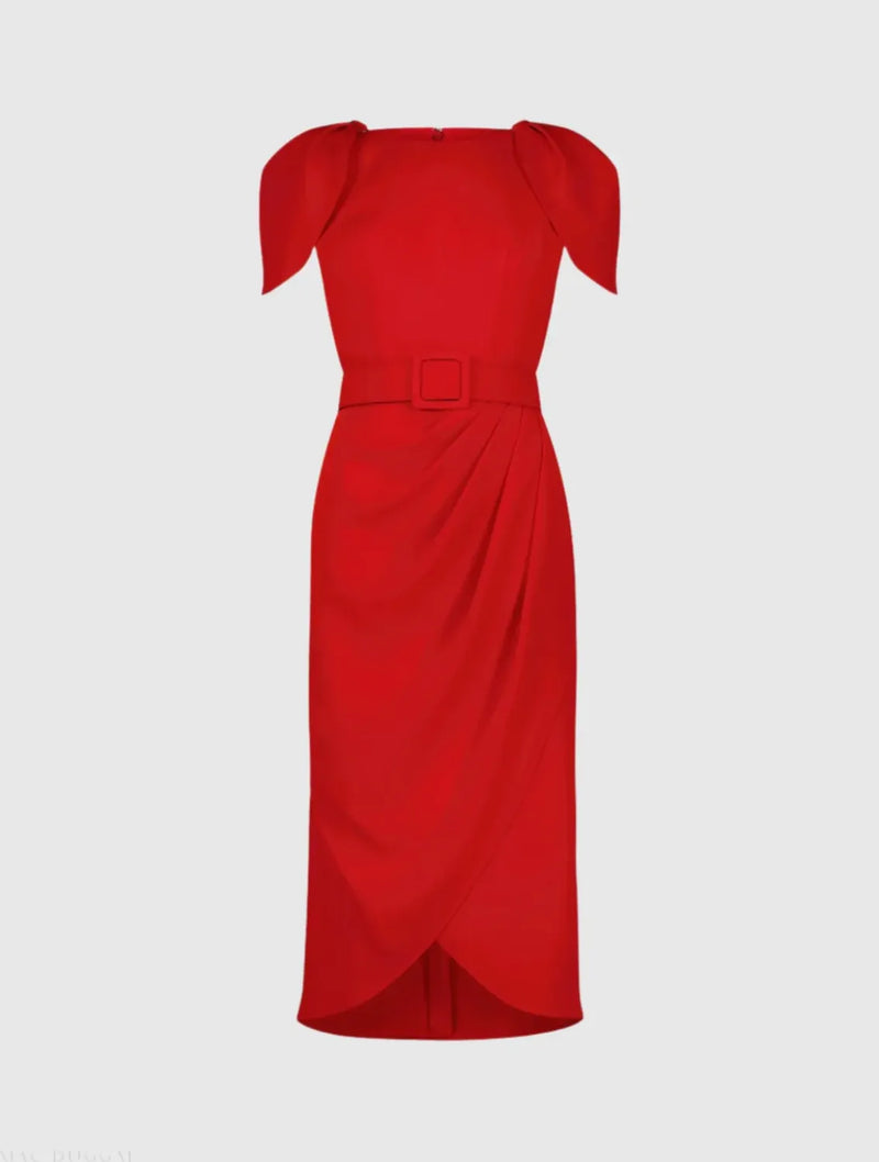 Red Crepe Boat Neck Midi Tulip Dress With Belt by Mac Duggal in red color for women in Singapore