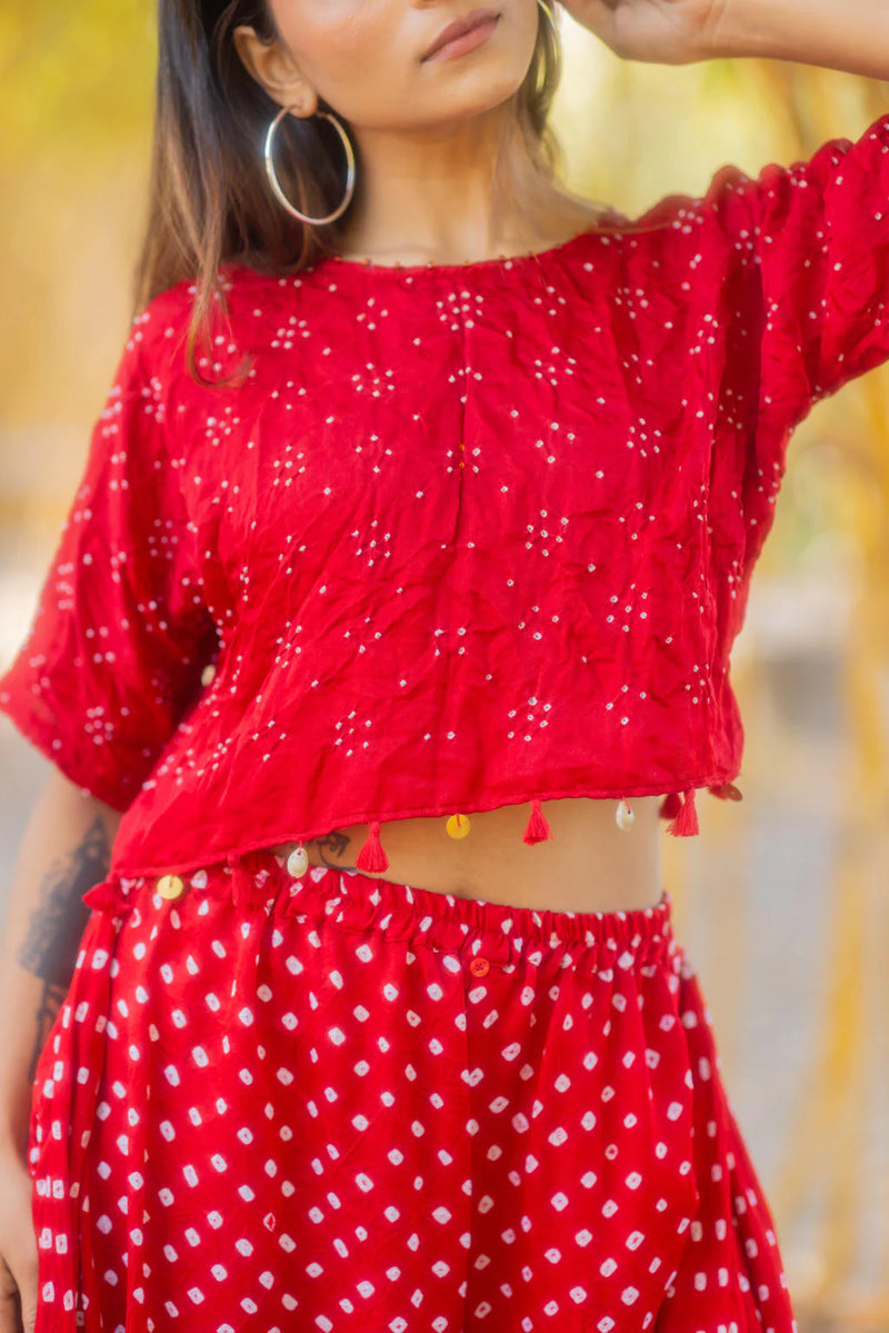 CROP TOP WITH TASSLES-RED silk by Dyelogue in red color for women in Singapore