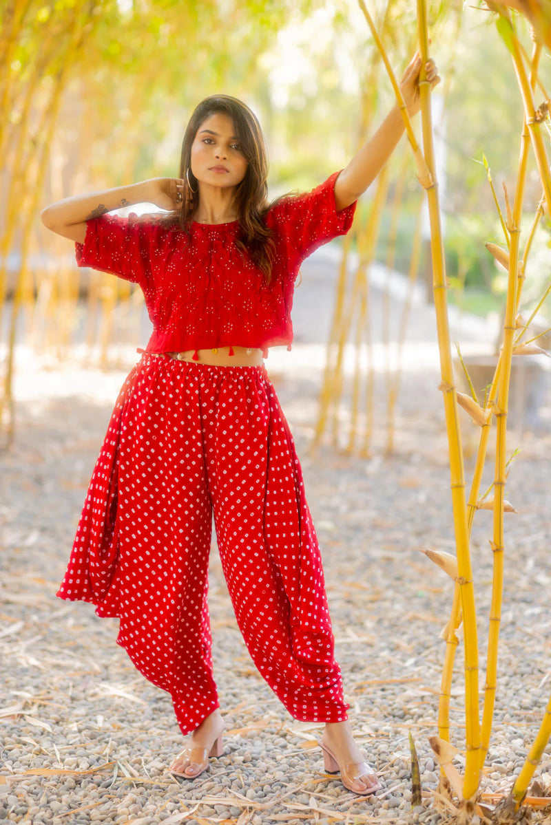 CROP TOP WITH TASSLES-RED silk by Dyelogue in red color for women in Singapore
