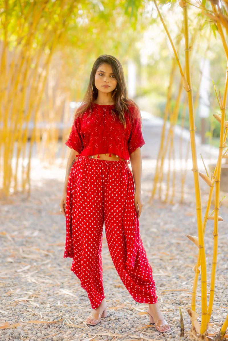 CROP TOP WITH TASSLES-RED silk by Dyelogue in red color for women in Singapore