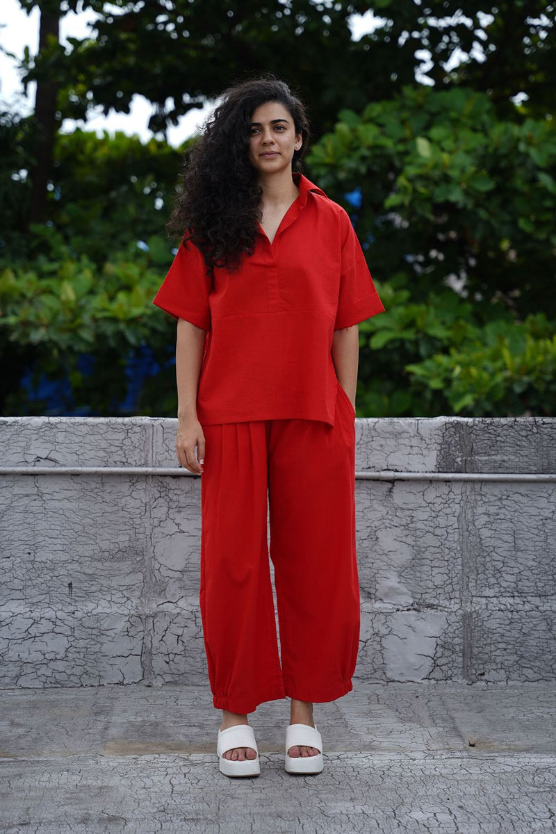 Red Ekin Shirt & Hera Cotton Co-Ord Set (2 PCS) cotton by Mati in red color for women in Singapore