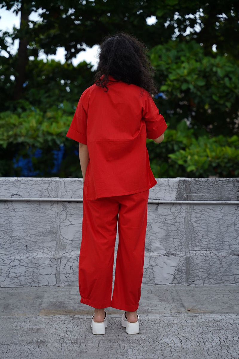 Red Ekin Shirt & Hera Cotton Co-Ord Set (2 PCS) cotton by Mati in red color for women in Singapore