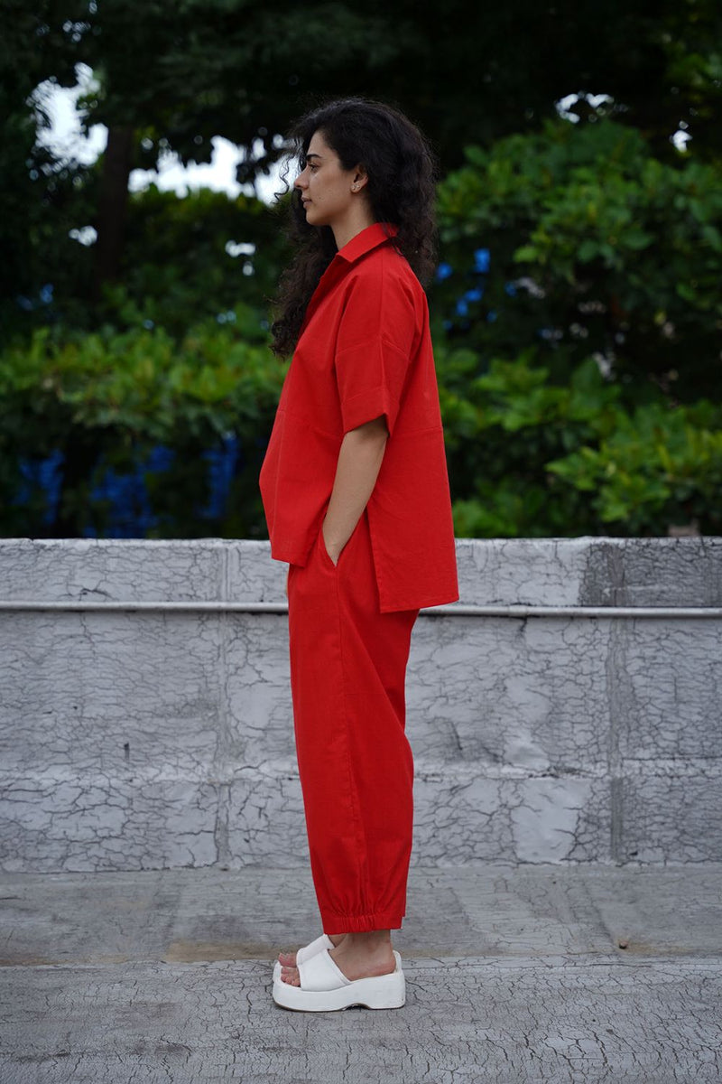 Red Ekin Shirt & Hera Cotton Co-Ord Set (2 PCS) cotton by Mati in red color for women in Singapore