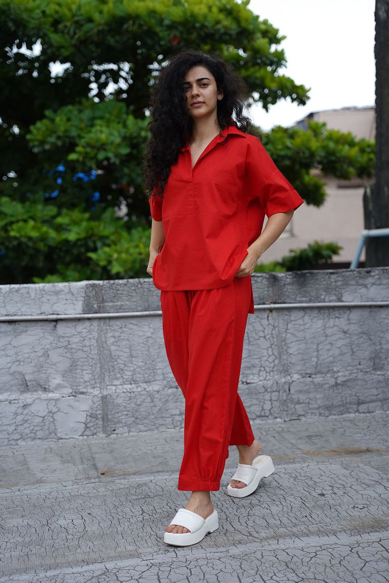 Red Ekin Shirt & Hera Cotton Co-Ord Set (2 PCS) cotton by Mati in red color for women in Singapore