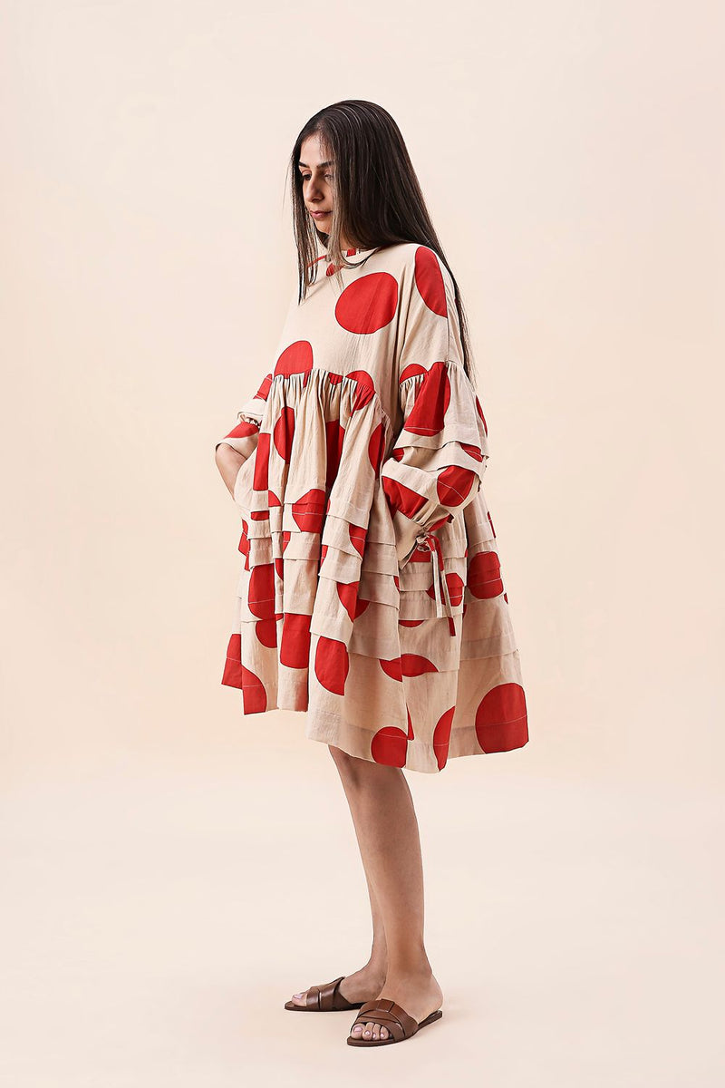Red Hand Block Printed Polka Avira Dress cotton by Mati in red color for women in Singapore