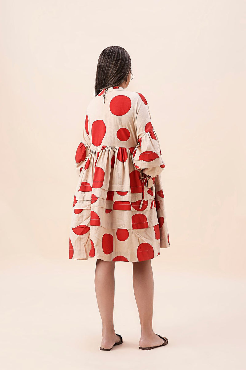 Red Hand Block Printed Polka Avira Dress cotton by Mati in red color for women in Singapore