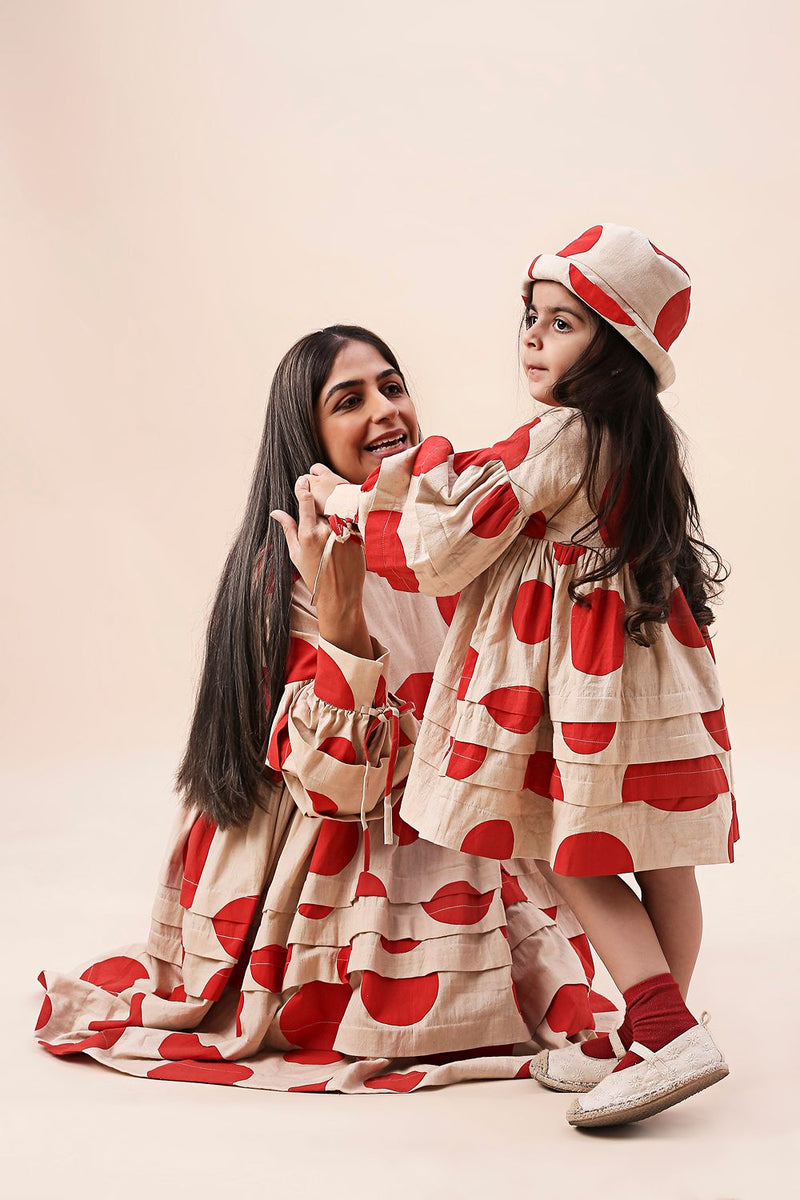 Red Hand Block Printed Polka Avira Dress cotton by Mati in red color for women in Singapore