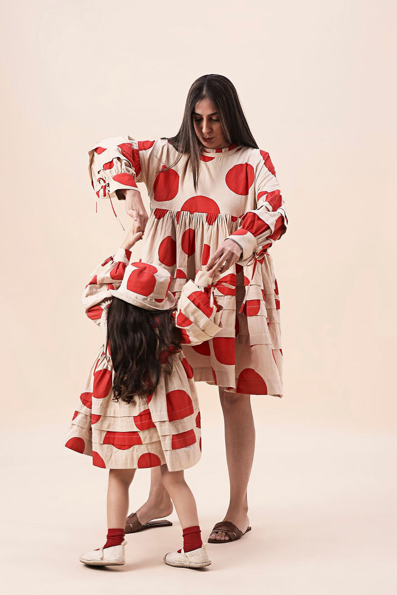 Red Hand Block Printed Polka Avira Dress cotton by Mati in red color for women in Singapore