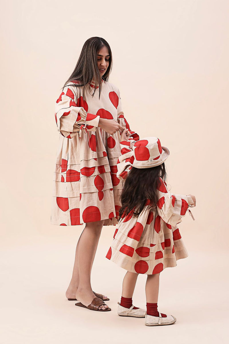 Red Hand Block Printed Polka Avira Dress cotton by Mati in red color for women in Singapore