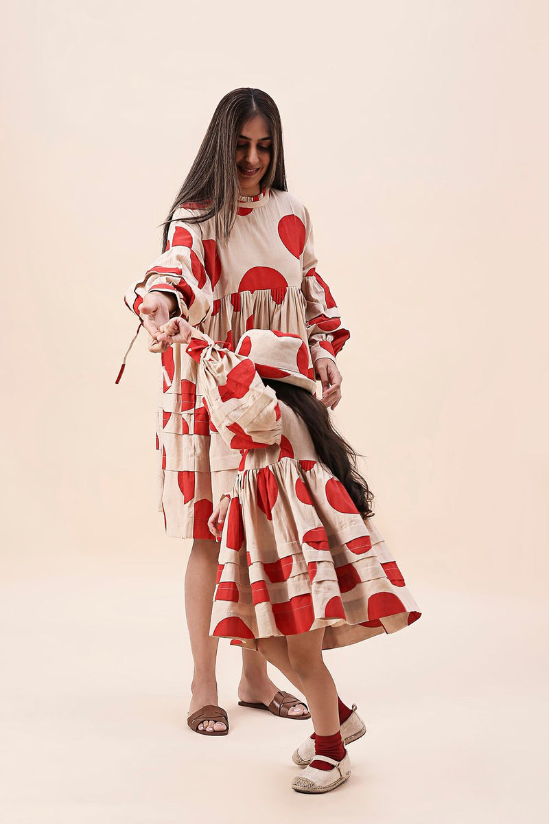 Red Hand Block Printed Polka Avira Dress cotton by Mati in red color for women in Singapore