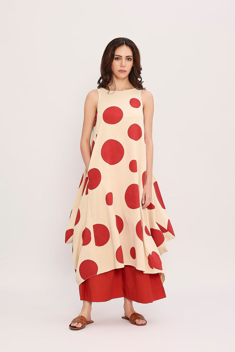 Red Hand Block Printed Polka Vari Co-ord Set (2 PCS) cotton by Mati in red color for women in Singapore