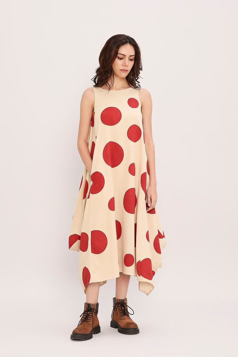 Red Hand Block Printed Polka Vari Dress cotton by Mati in red color for women in Singapore