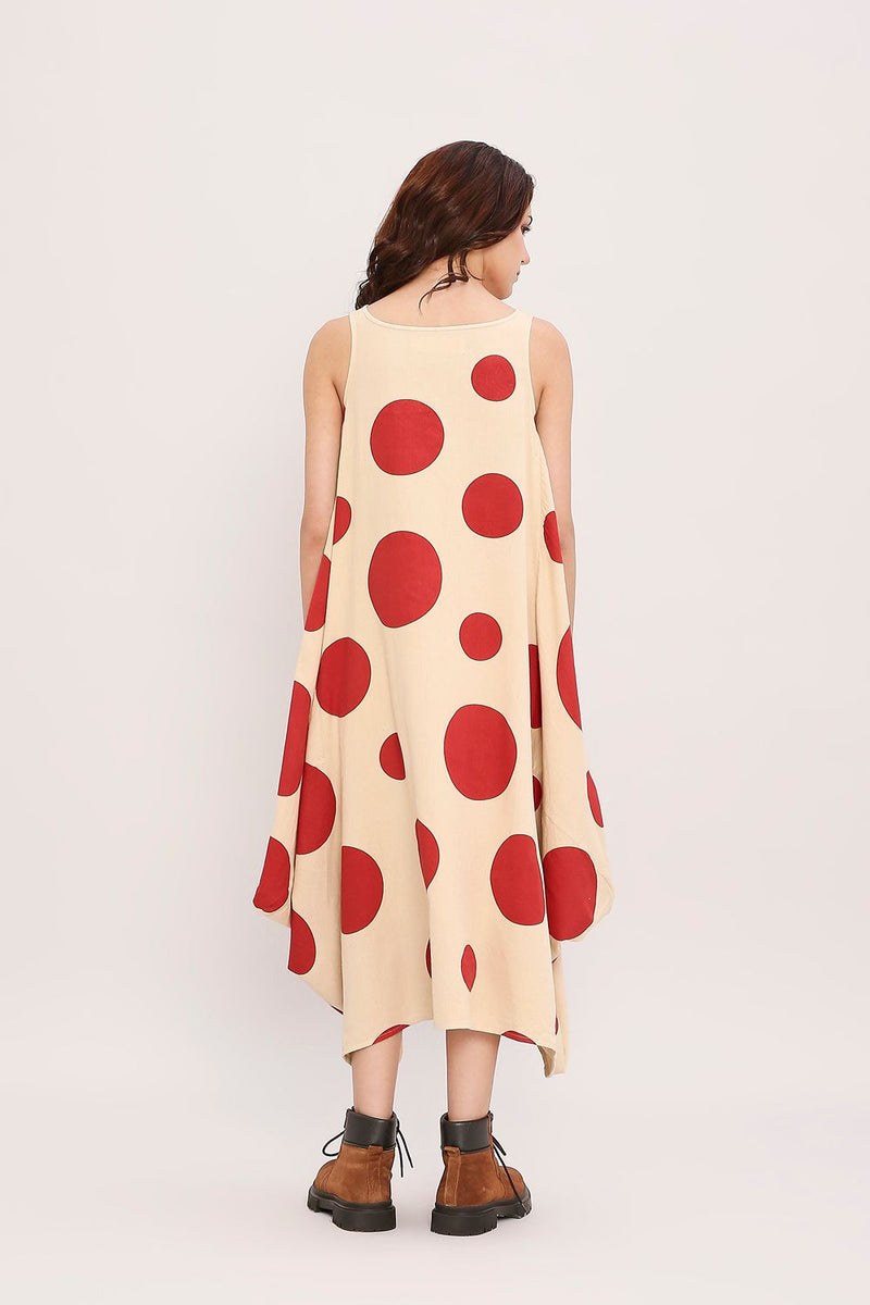 Red Hand Block Printed Polka Vari Dress cotton by Mati in red color for women in Singapore
